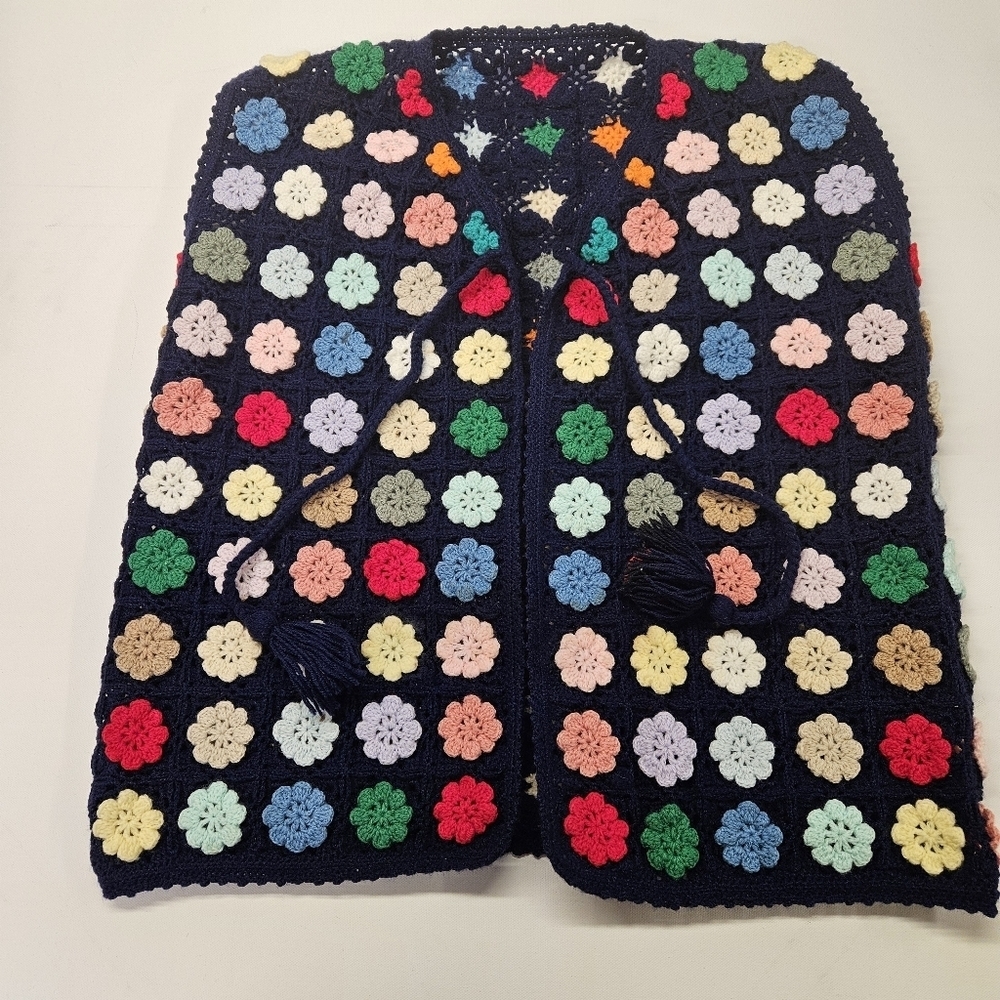 Hand Crocheted Vontagr Granny Square Vest - Blue